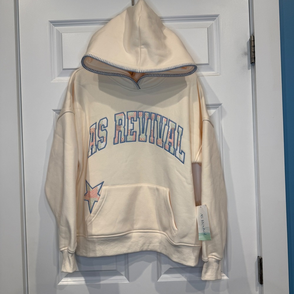 AS Revival Cream Patchwork Logo Hoodie Star Accents Sixe XS NWT